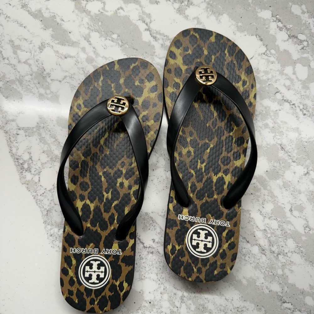 Tory Burch Black and Brown Leopard Flip Flops